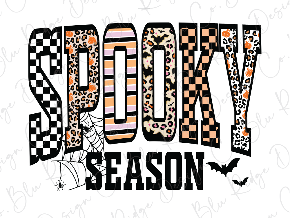 a Halloween-themed design with the word "SPOOKY" prominently displayed in the center. The design includes various Halloween-related elements such as leopard print, checkered patterns, and bats.