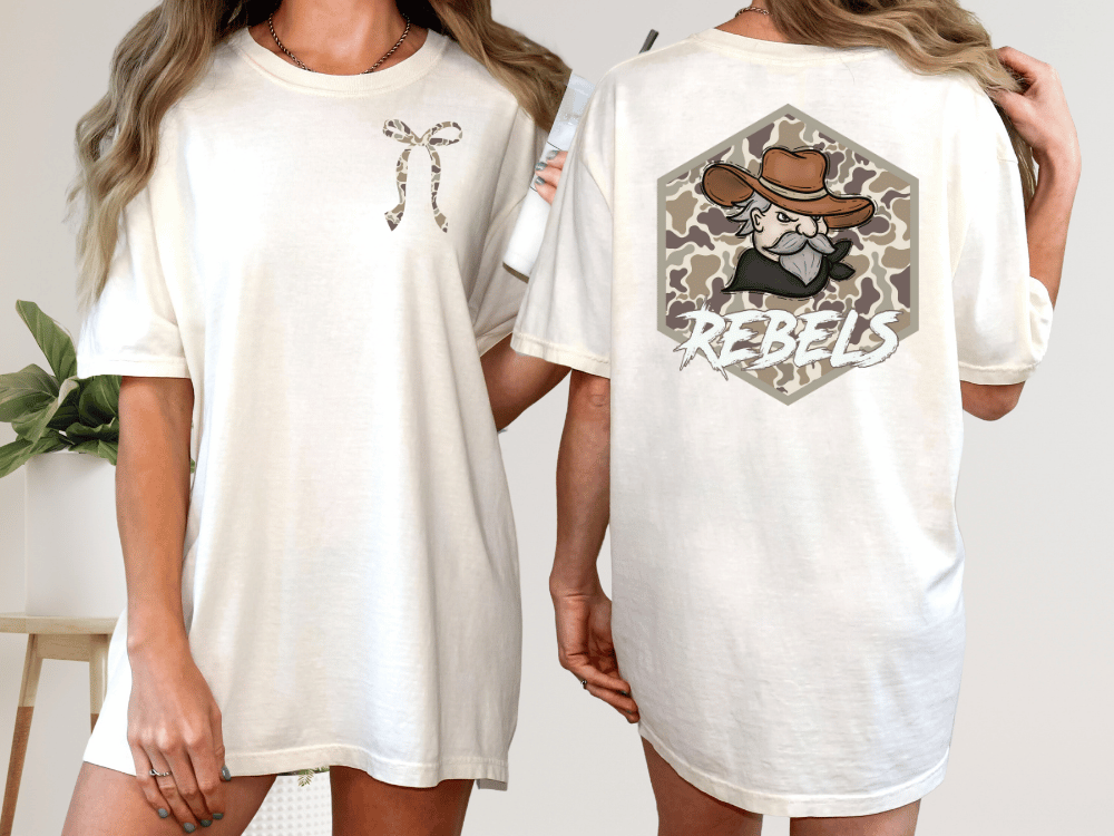 two different views of a white t-shirt with a graphic design on the back. The design features a cartoon cowboy character wearing a hat and the word "REBELS" written below the character.