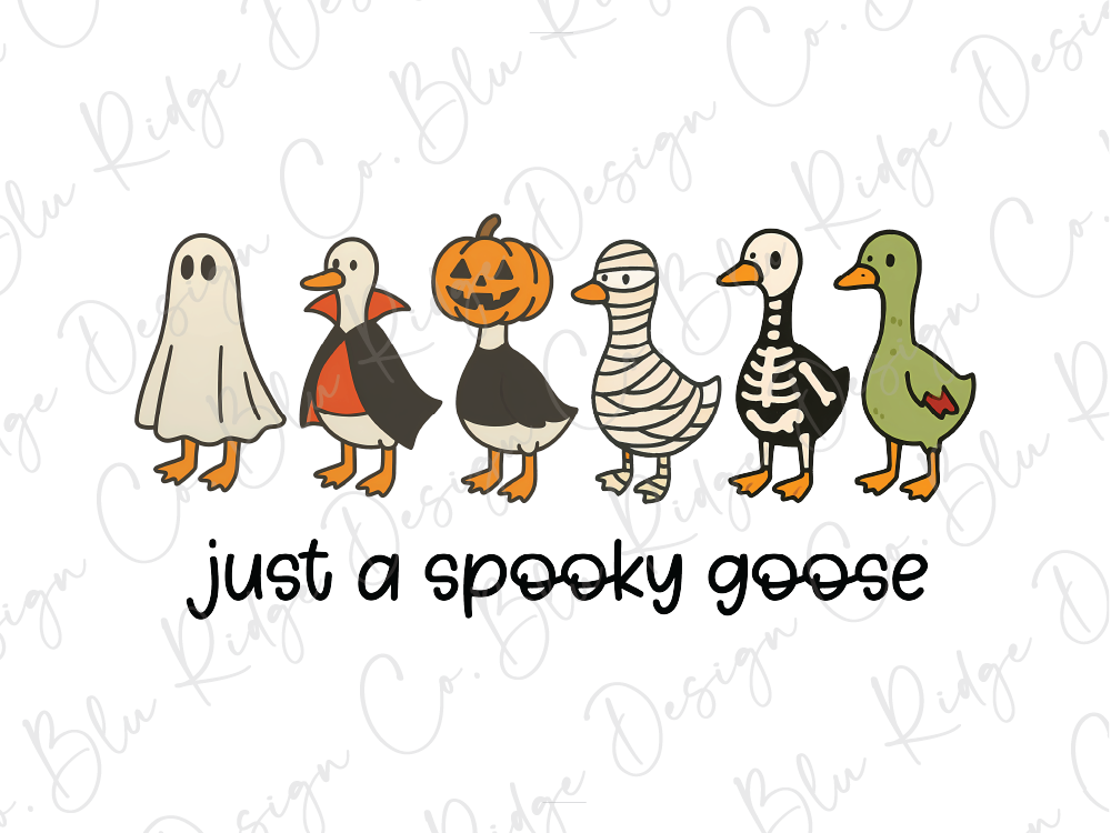 A group of cartoon ducks dressed in Halloween costumes, including a ghost, pumpkin, skeleton, and green goose, along with the text "just a spooky goose".