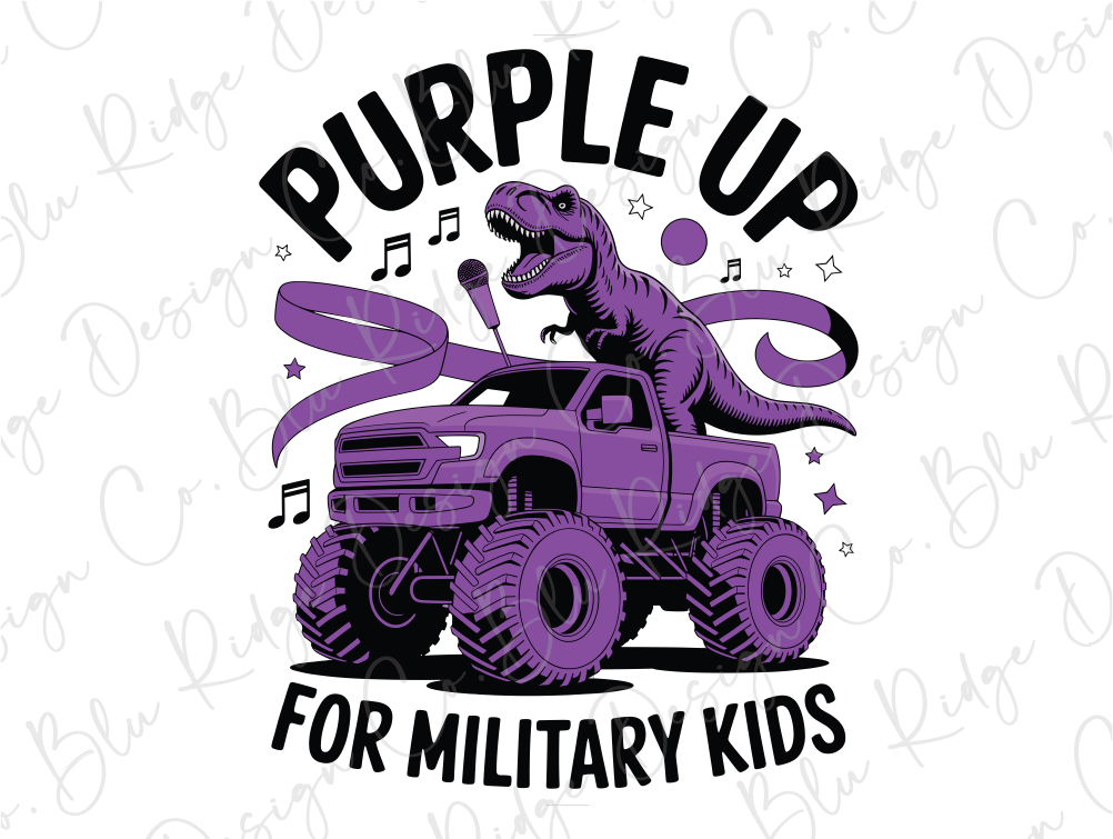 a purple truck with a t - shirt saying purple up for military kids