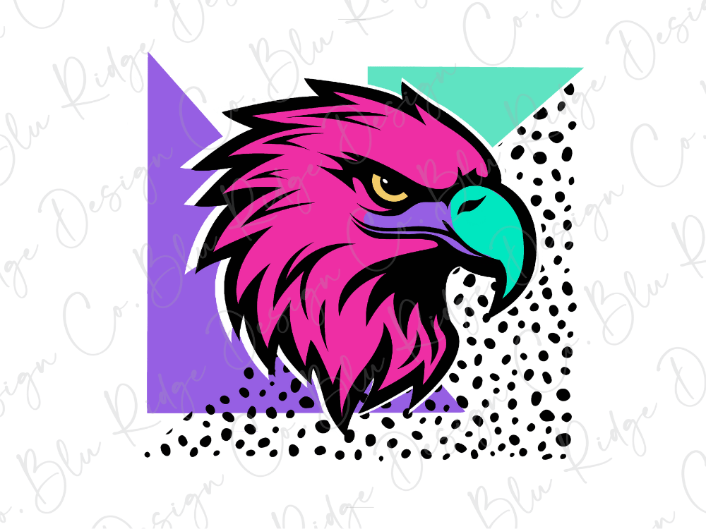 A stylized illustration of a bird's head in a vibrant pink color, with a teal beak and a geometric background with purple and green shapes.