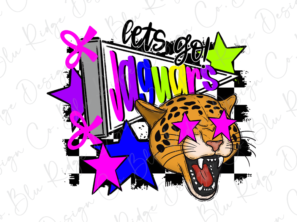 A colorful and stylized illustration featuring a leopard-like animal with large eyes and a wide-open mouth, surrounded by various shapes, stars, and text elements.