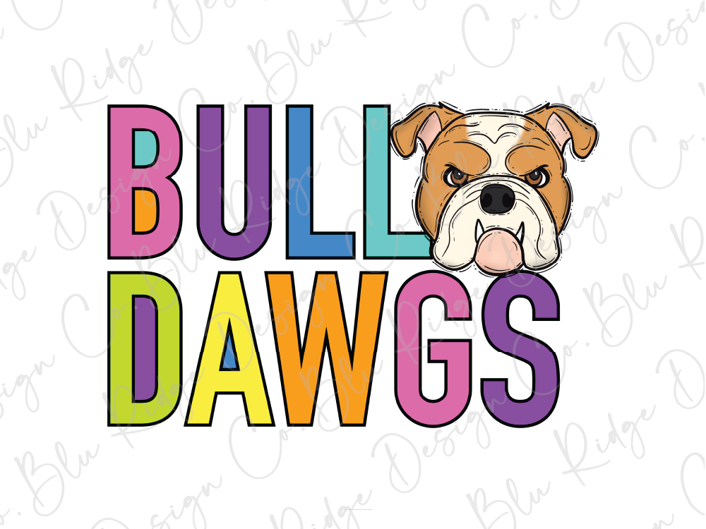 a cartoon bulldog with the text "Bulldogs" written in colorful letters.