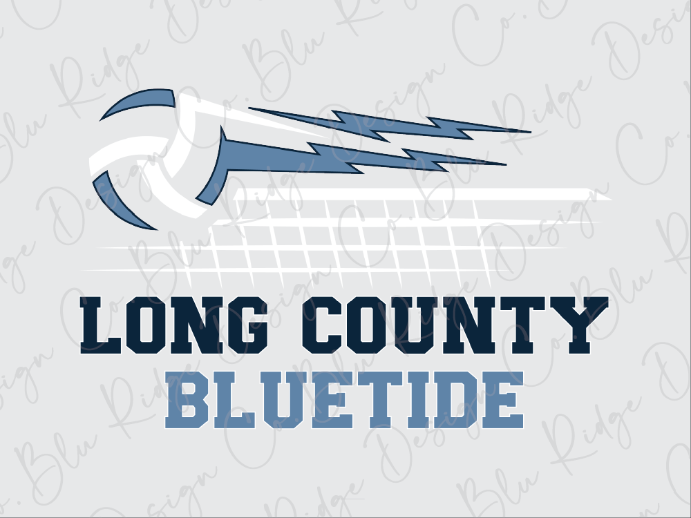 a volleyball logo with the text "LONG COUNTY BLUETIDE" below it.