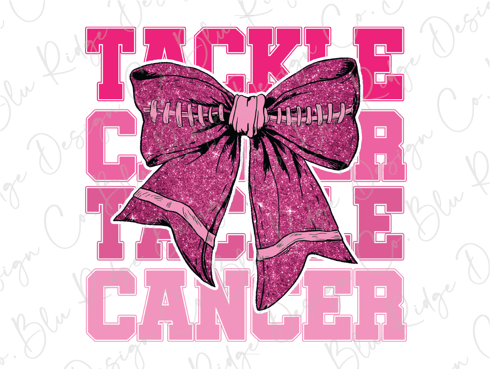a pink bow with the words tackle tackle cancer