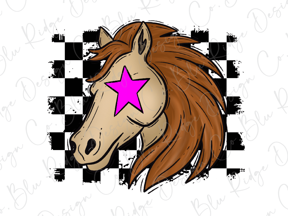 A stylized illustration of a horse's head with a pink star on its forehead, set against a background of black and white checkered squares.