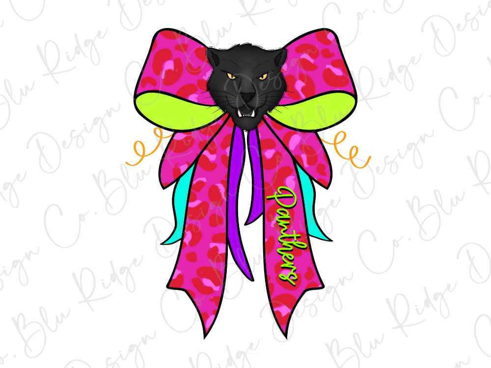 A stylized illustration of a panther's head wearing a large pink bow with a leopard print pattern.