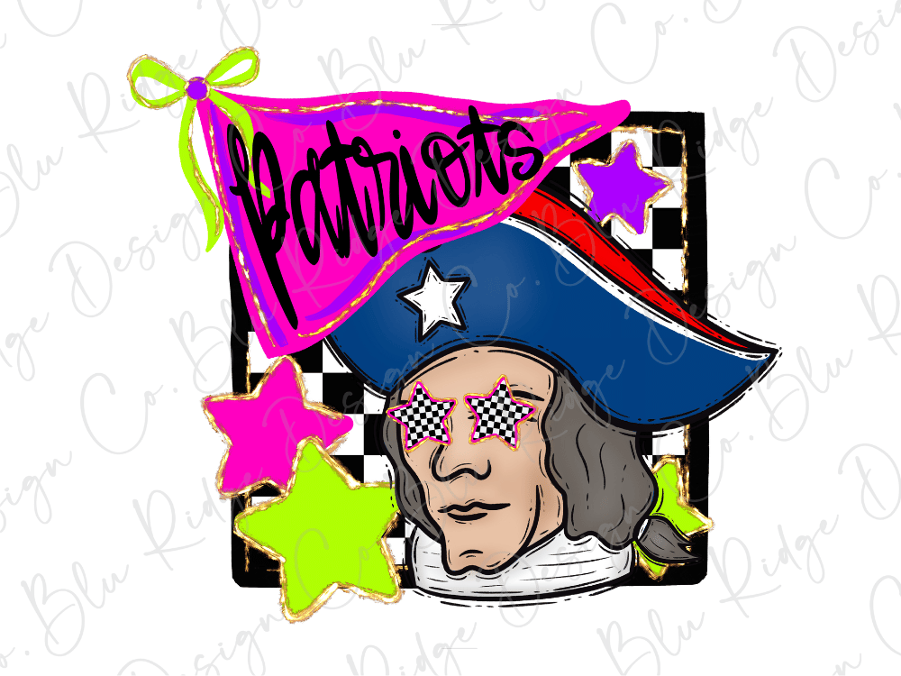 A cartoon illustration of a person wearing a patriotic hat and sunglasses, with a banner that says "Patriots" and stars surrounding the figure.