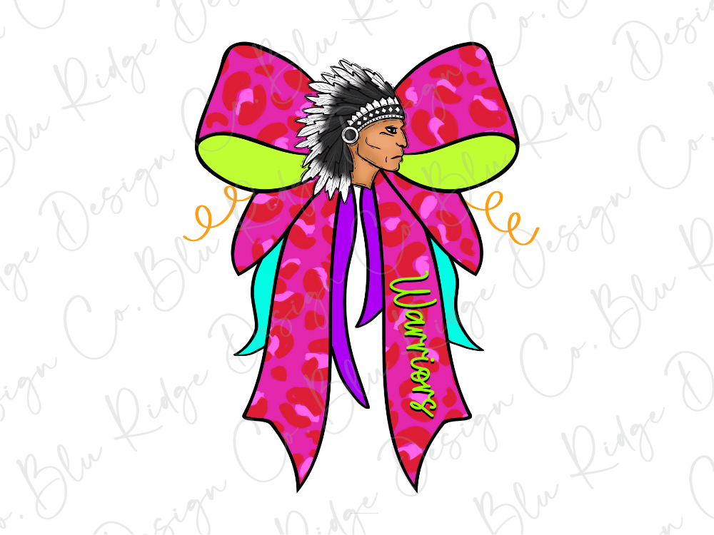 A colorful illustration of a Native American headdress with a large bow made of pink and green fabric, featuring the word "Warriors" written on it.