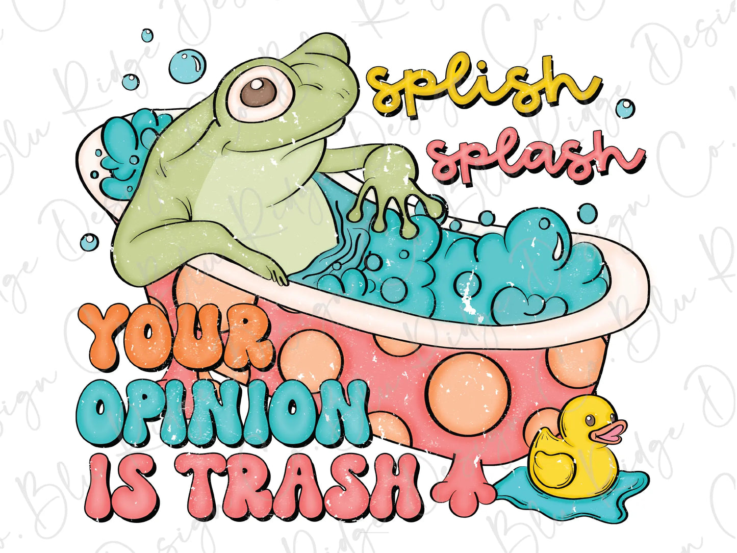 a frog in a bathtub with bubbles and a rubber duck
