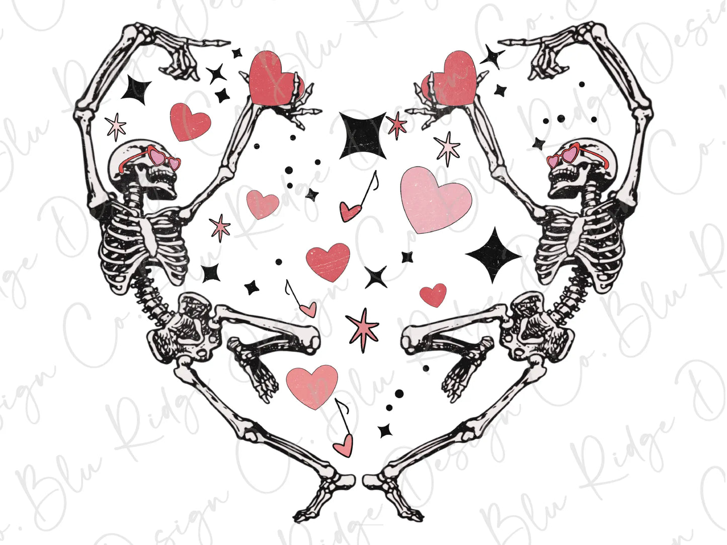 two skeletons holding hands in the shape of a heart
