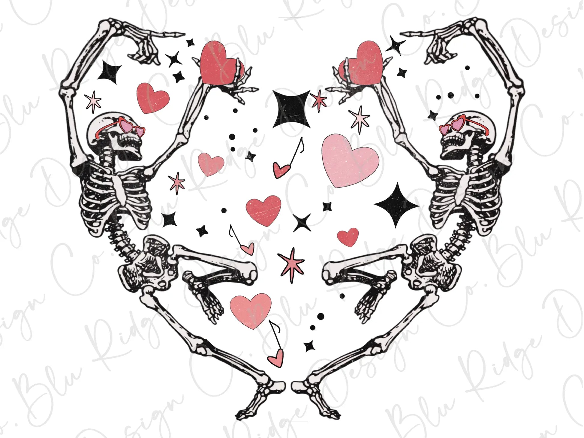 two skeletons holding hands in the shape of a heart