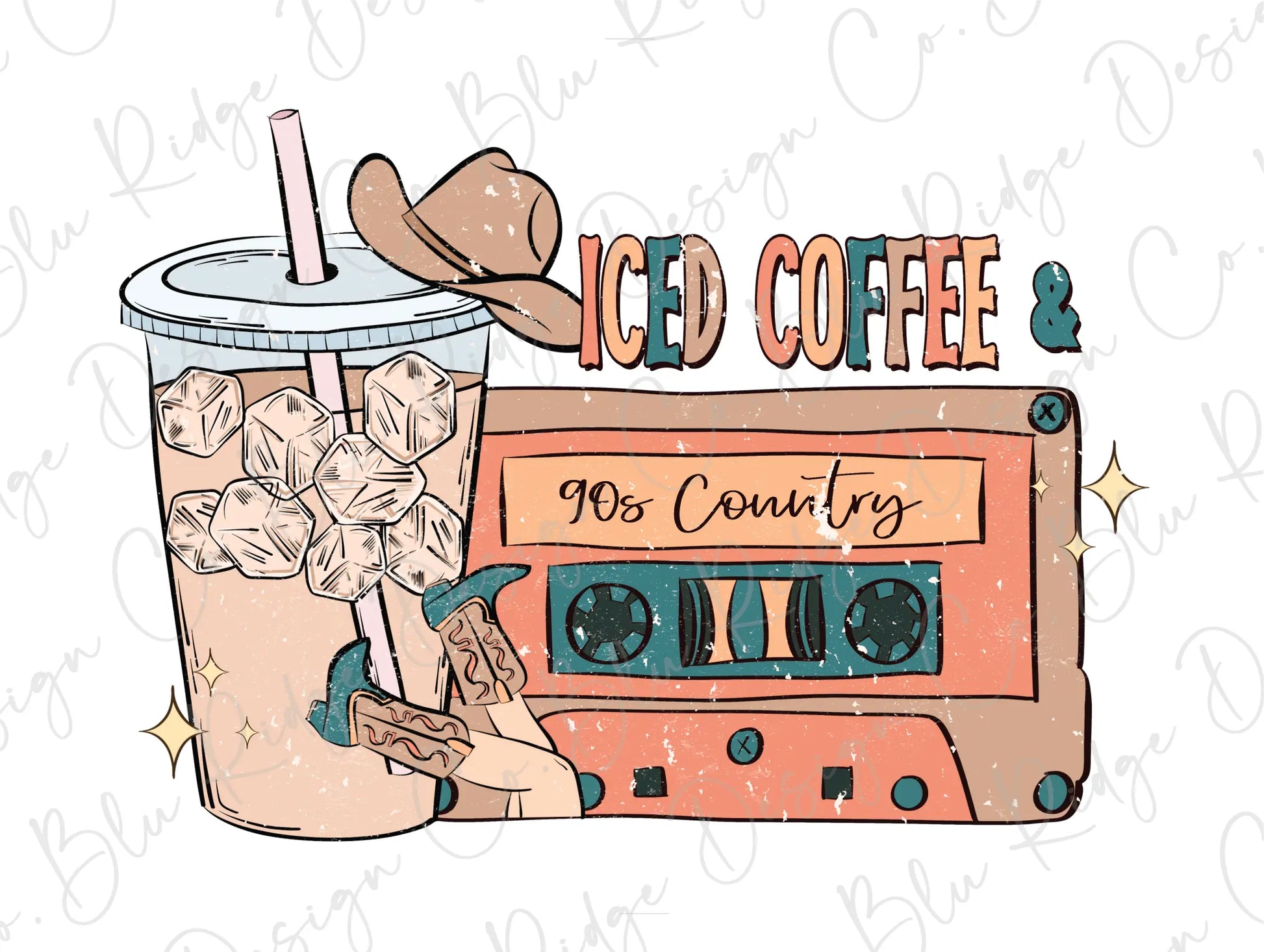 Iced Coffee and 90s Country Retro Vintage Cassette Tape Design Direct To Film (DTF) Transfer BluRidgeDesignCo