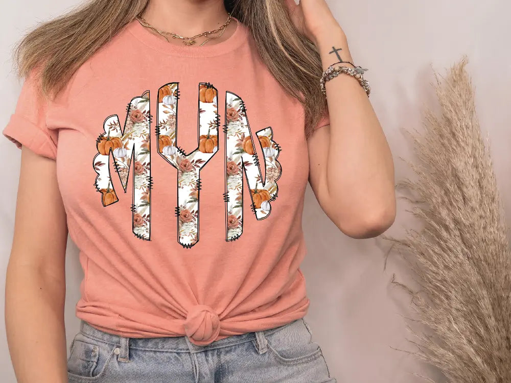 Floral Fall Pumpkins Personalized Monogram Design Direct To Film (DTF) Transfer BluRidgeDesignCo