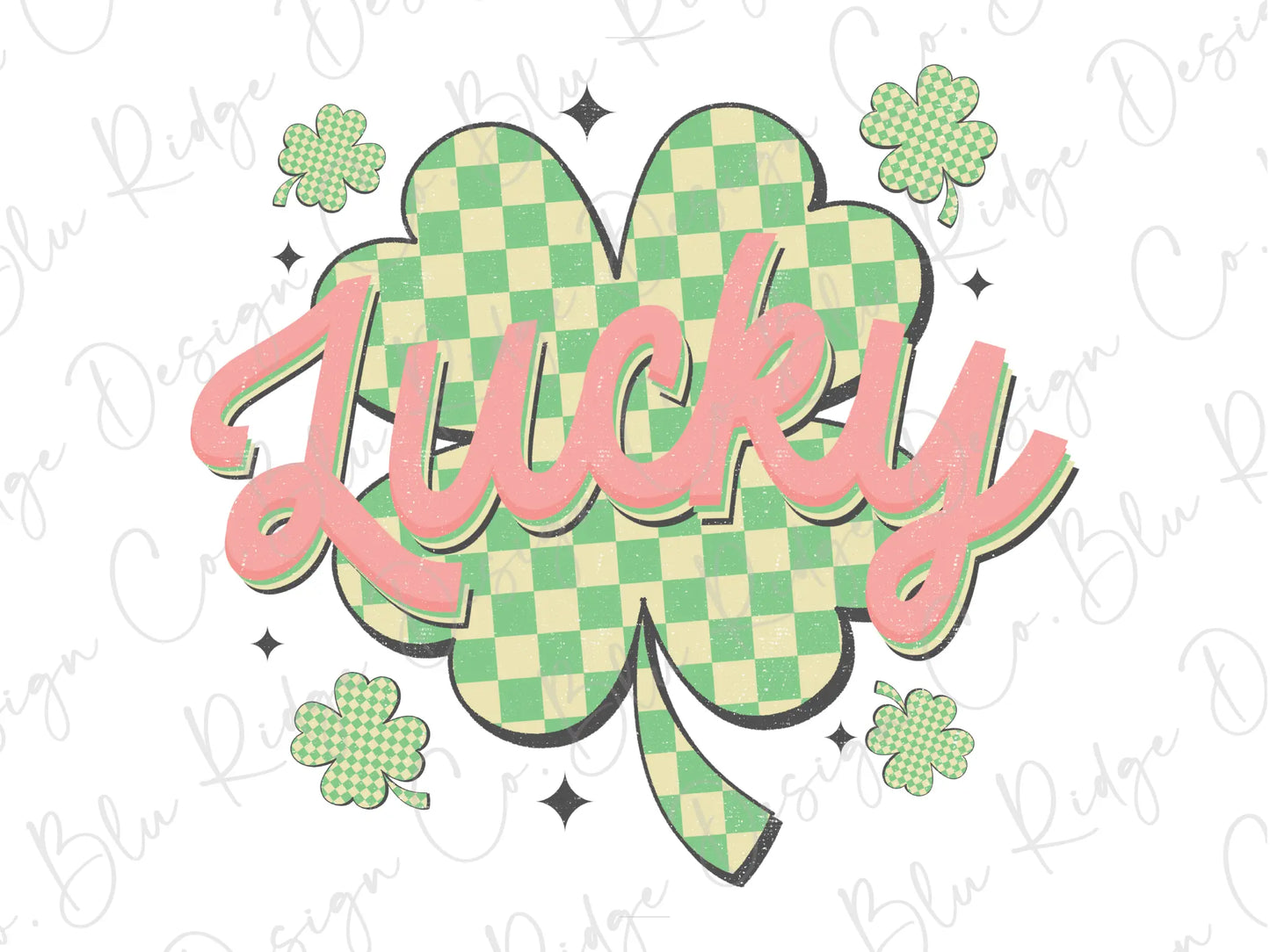 a green and pink shamrock with the word lucky on it