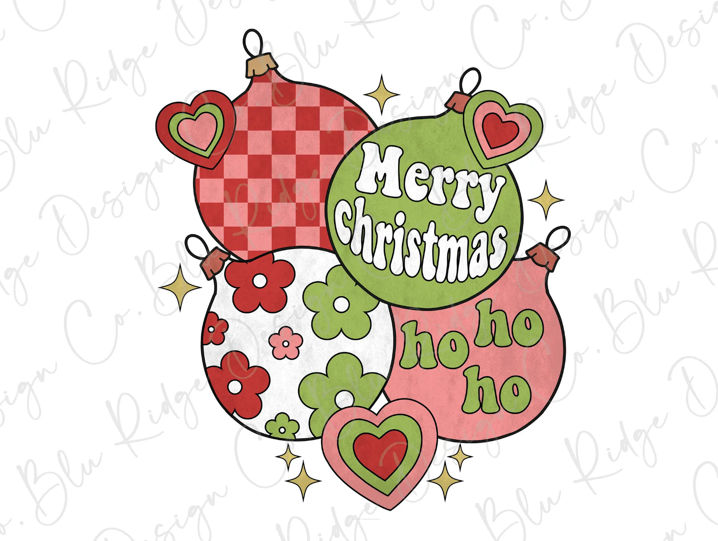 a merry christmas card with ornaments and hearts