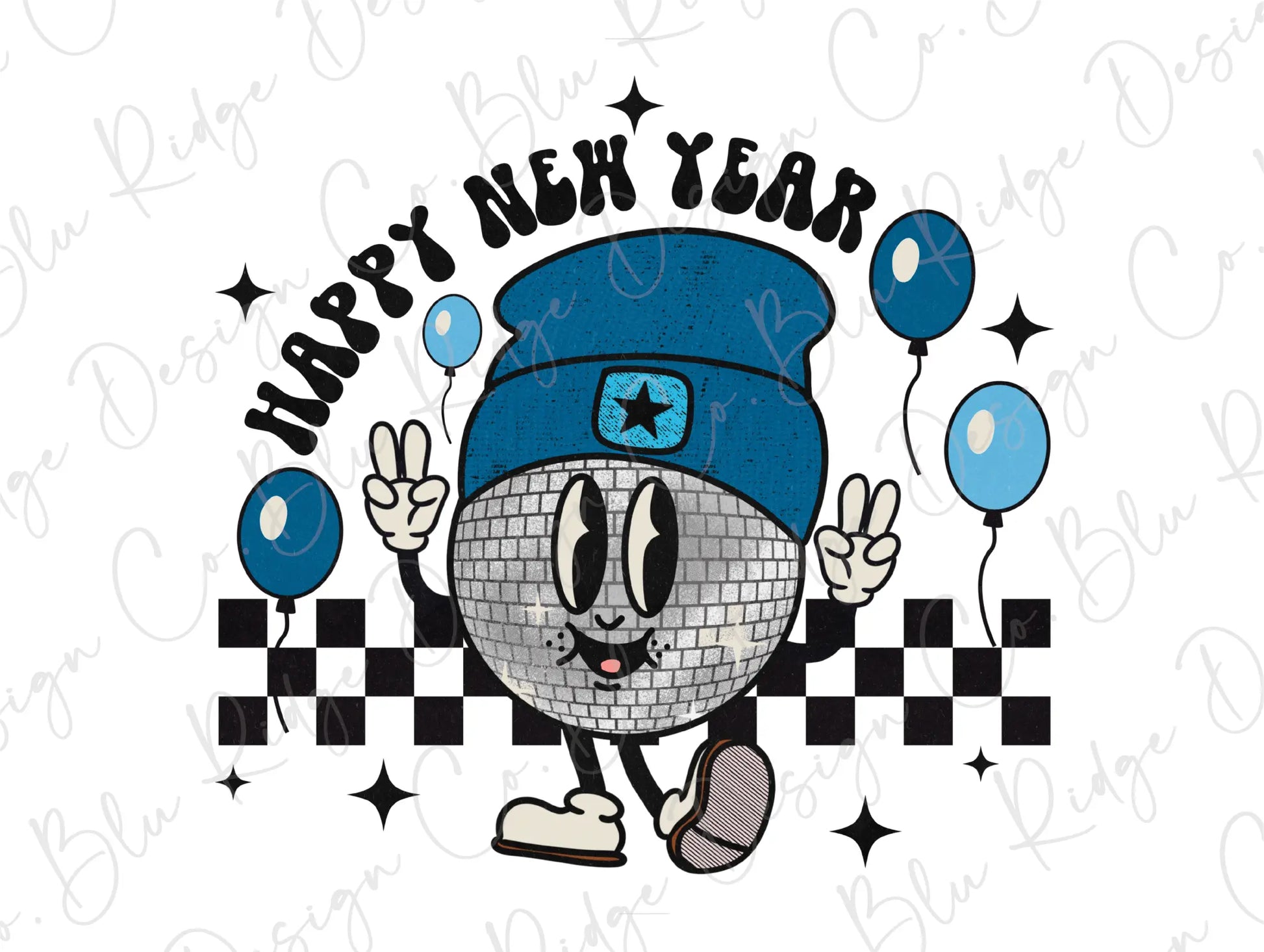 Retro Happy New Year Disco Ball Blue Direct to Film (DTF) Transfer BluRidgeDesignCo