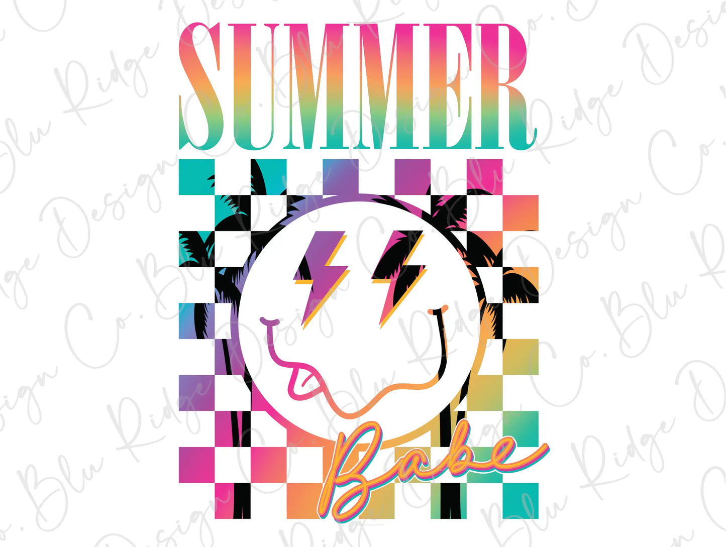 Summer Babe Retro Summer Smiley Face Neon Design Direct to Film (DTF) Transfer BluRidgeDesignCo