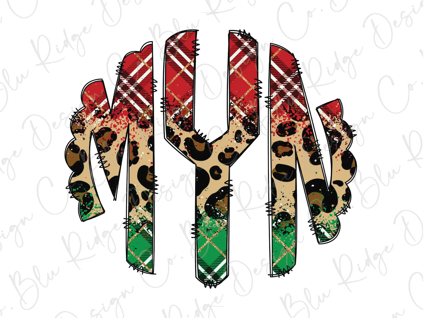 Christmas Leopard Plaid Personalized Monogram Design Direct To Film (DTF) Transfer BluRidgeDesignCo