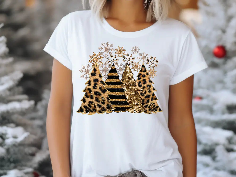 Gold Leopard Stripes Merry Christmas Trees with Snowflakes Direct To Film (DTF) Transfer BluRidgeDesignCo