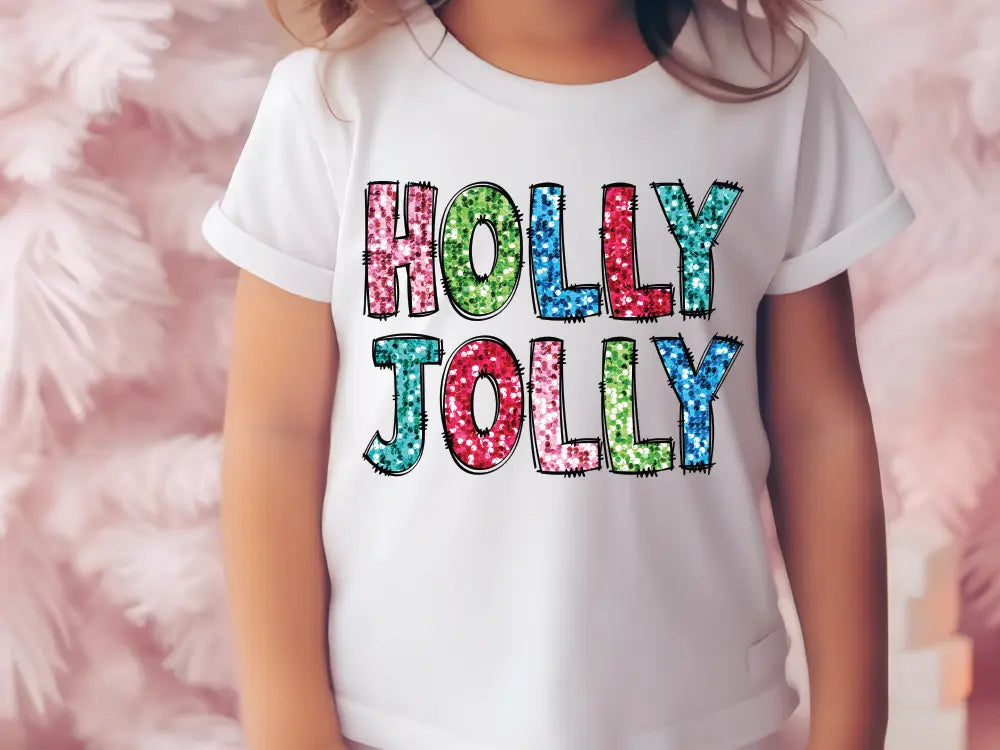 a little girl wearing a t - shirt that says holly jolly
