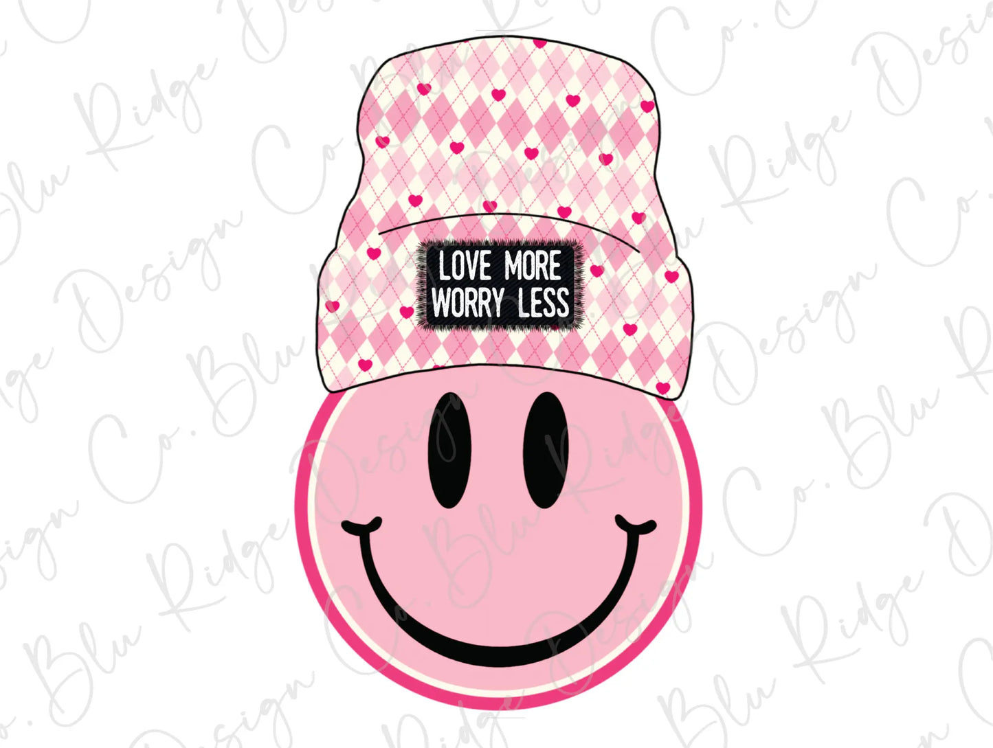 Valentines Day Pink Love More Worry Less Winter Smiley Face Hearts Direct To Film (DTF) Transfer BluRidgeDesignCo