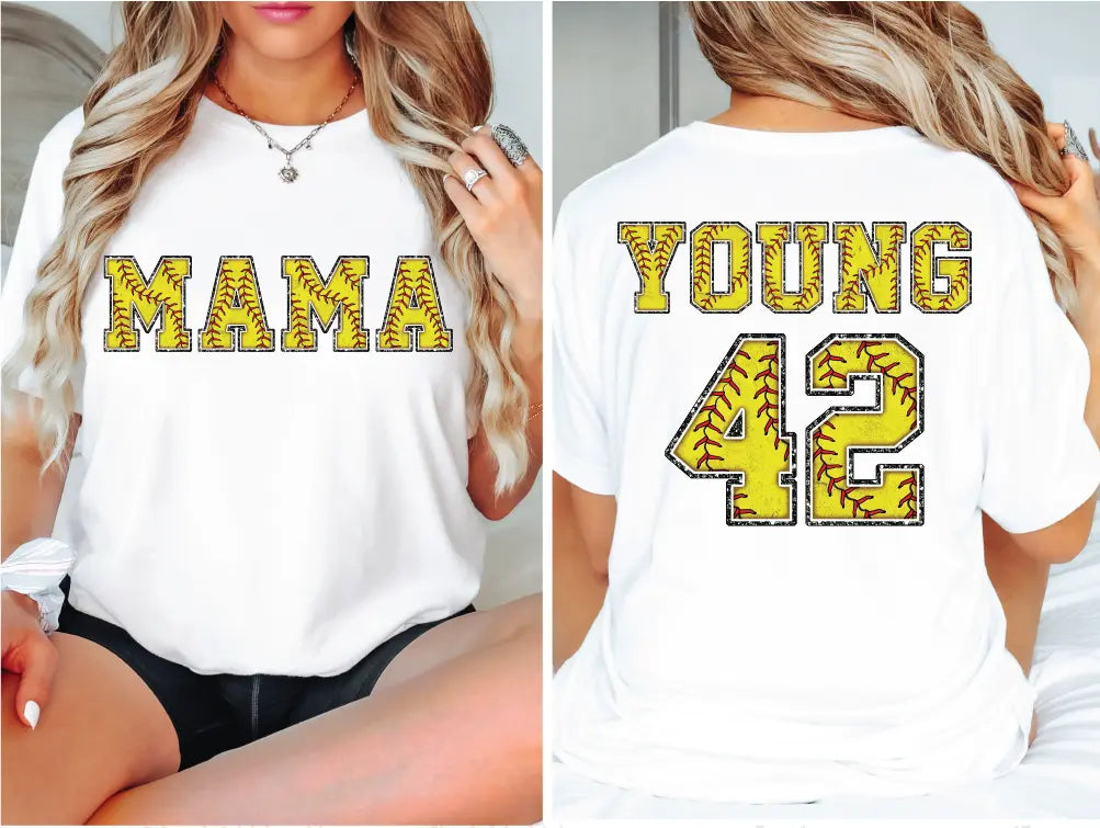 a woman wearing a white shirt with yellow letters on it