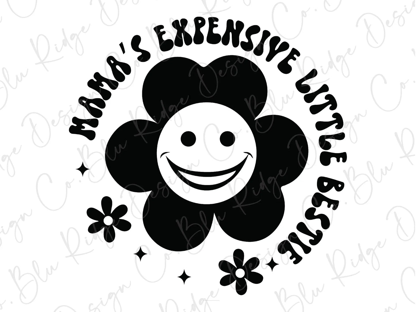 a black and white image of a flower with the words mama's expensive little