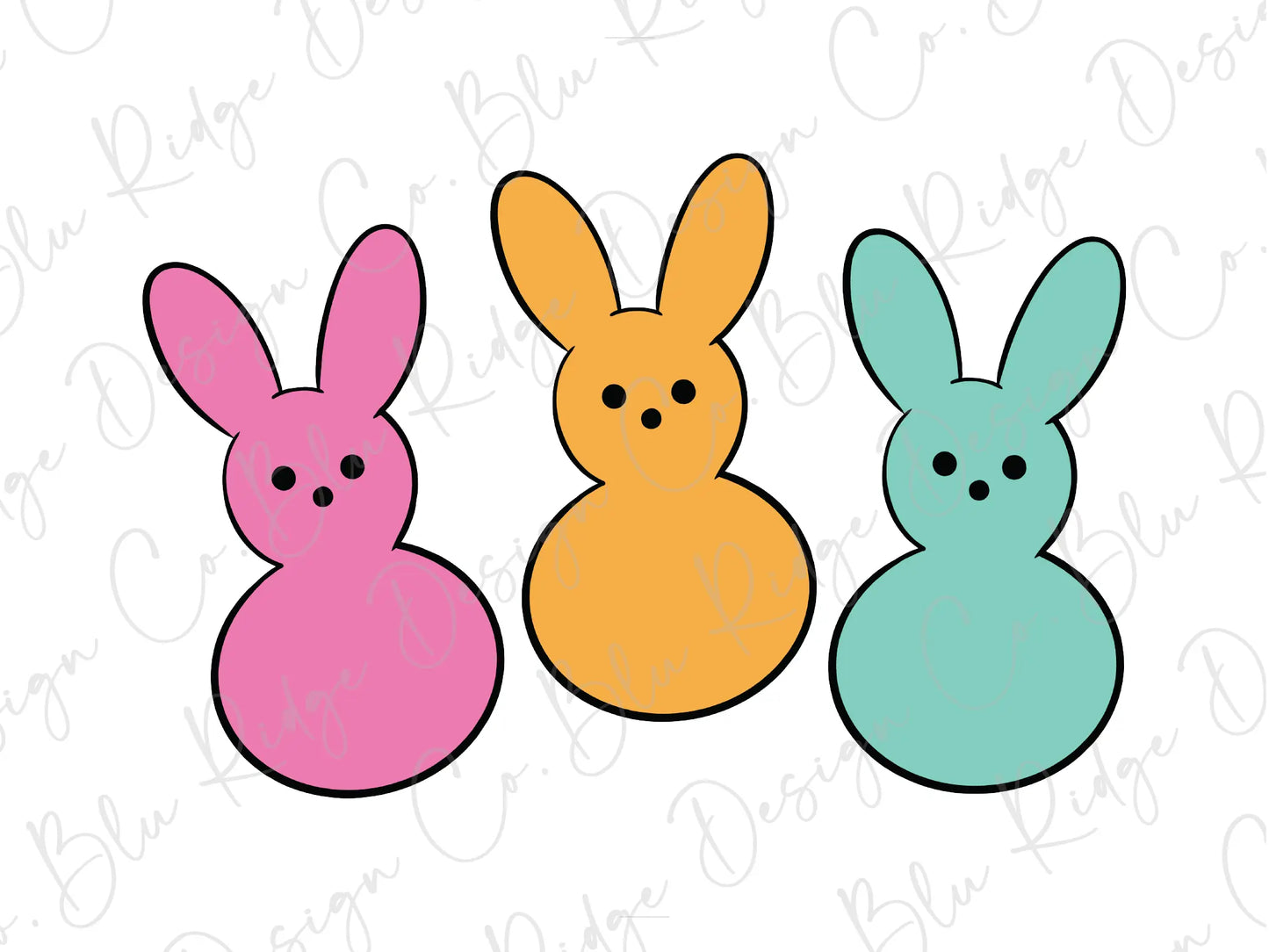three bunnies in different colors on a white background