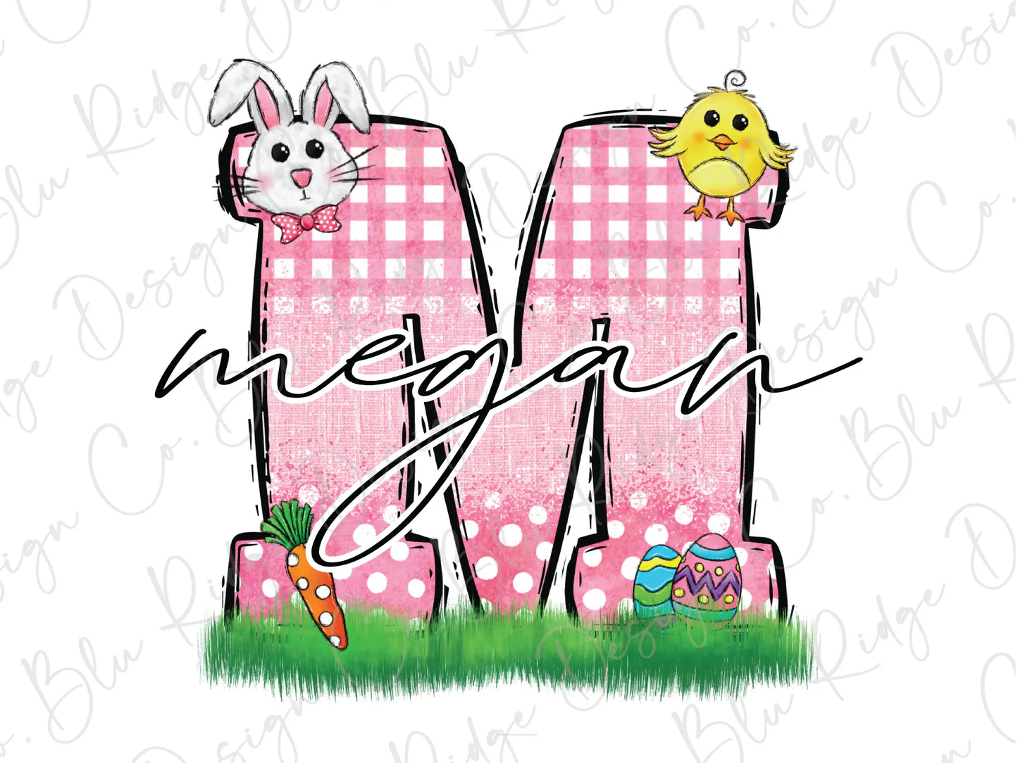 a pink letter with a bunny and a chick on it