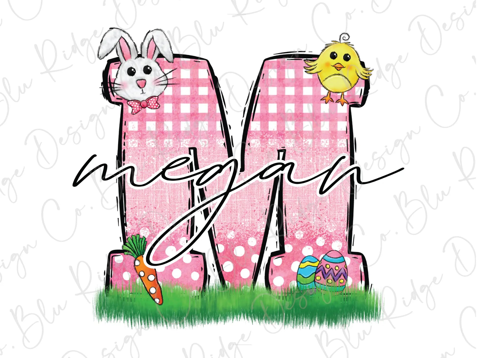 a pink letter with a bunny and a chick on it