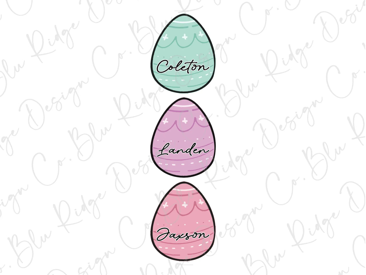 three colored eggs with the names of each of them