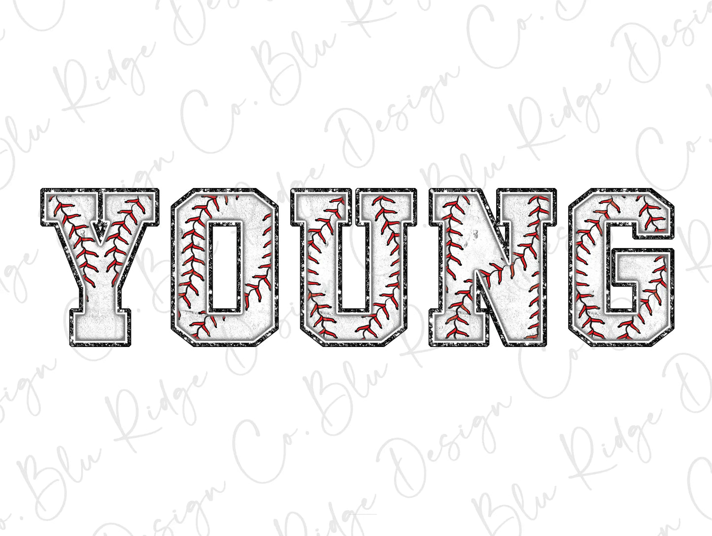 the word young with a baseball pattern on it