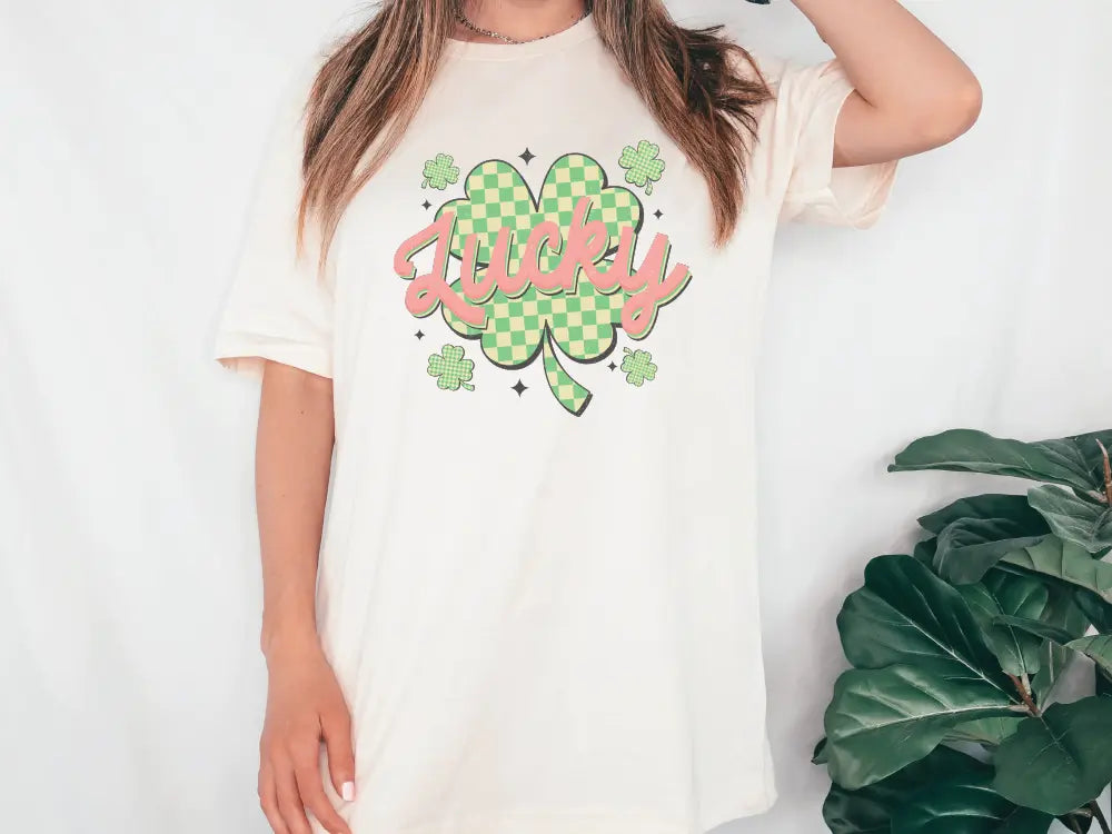 a woman wearing a st patrick's day t - shirt