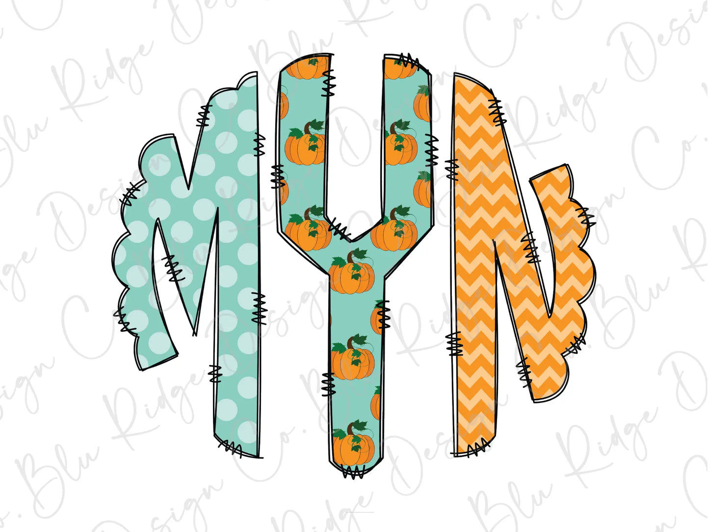 Fall Pumpkins with Polka dot and Chevron Personalized Monogram Design Direct To Film (DTF) Transfer BluRidgeDesignCo