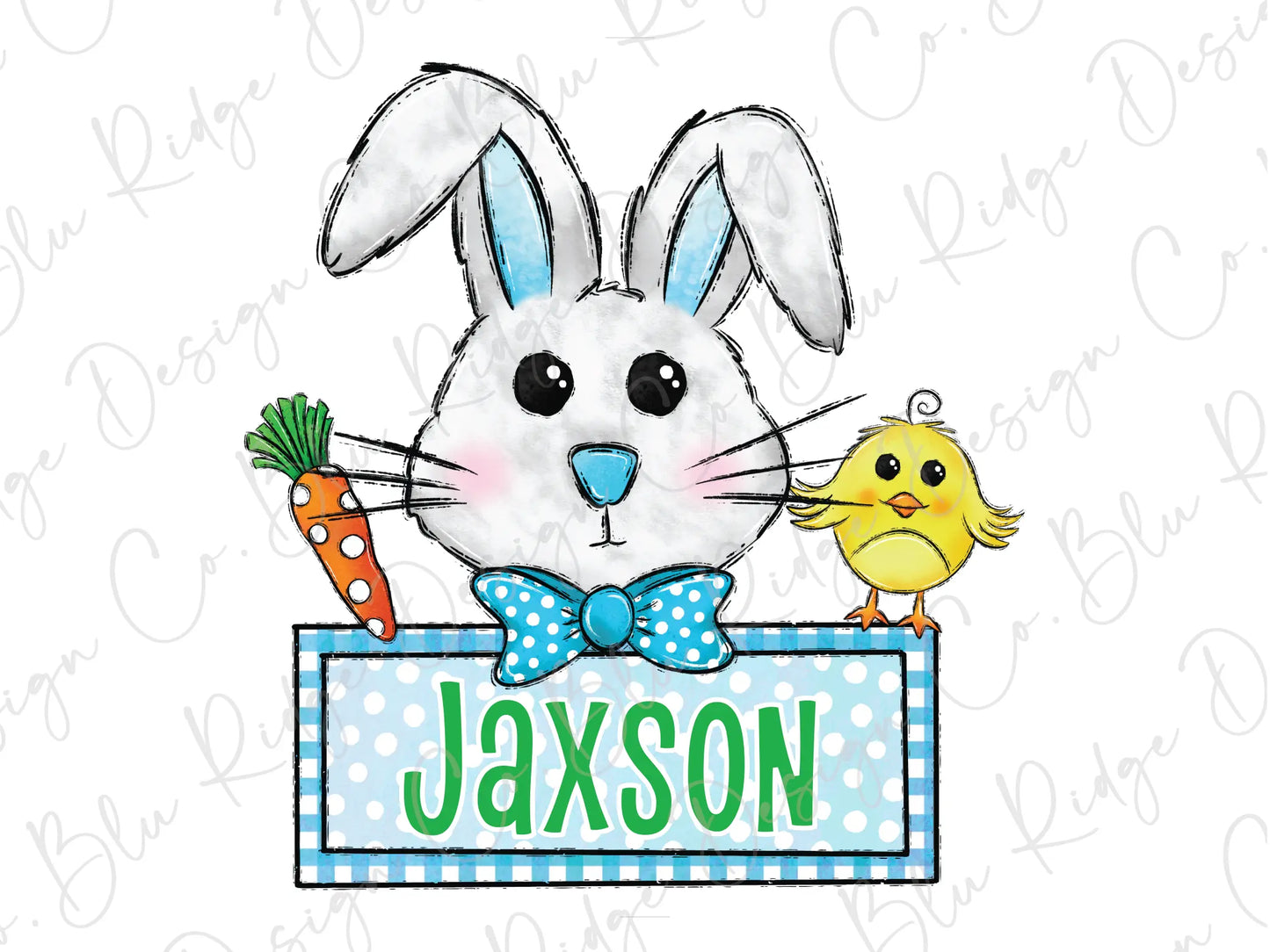 a white rabbit with a blue bow and a yellow chick