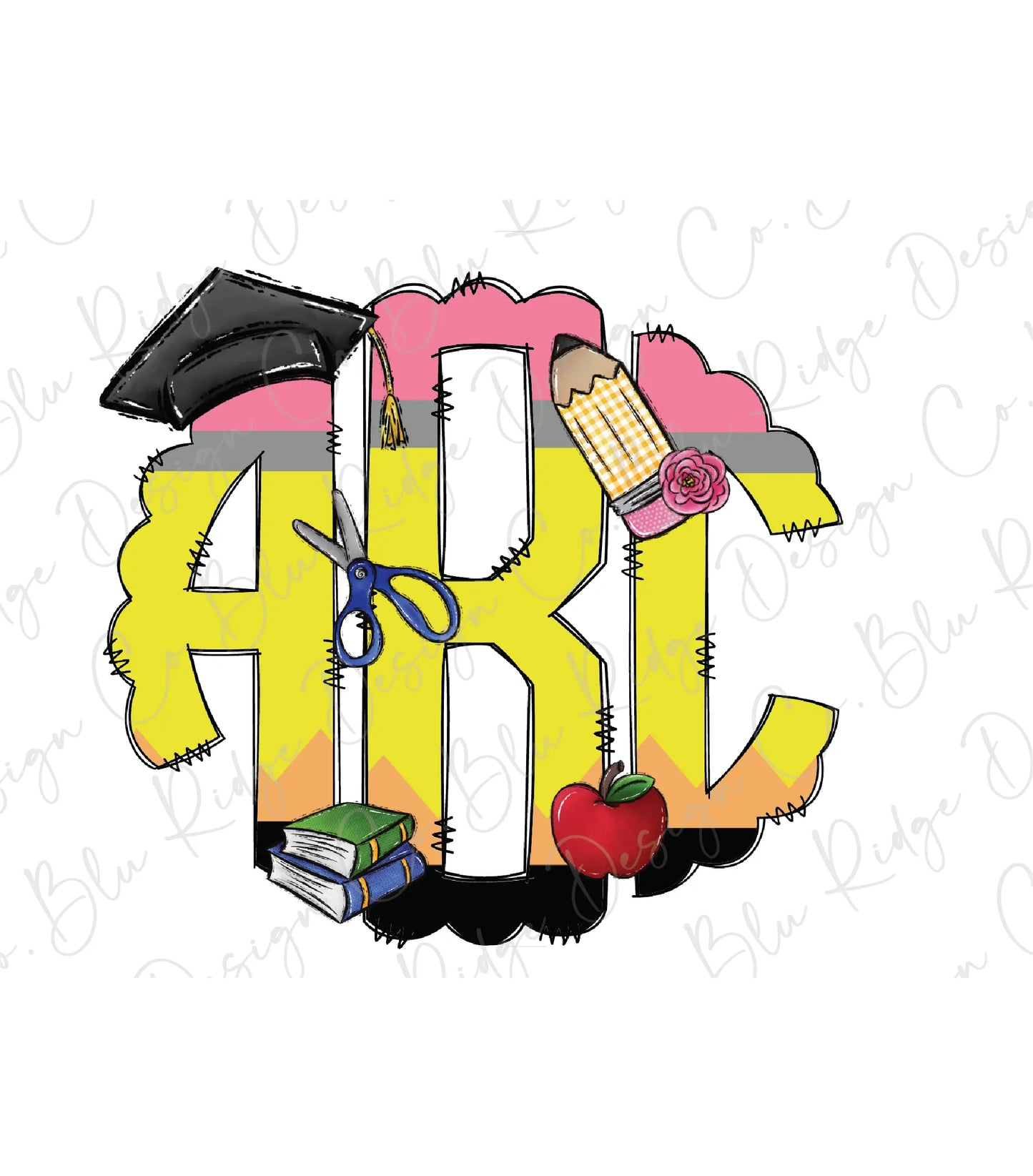 the letters are made up of school supplies
