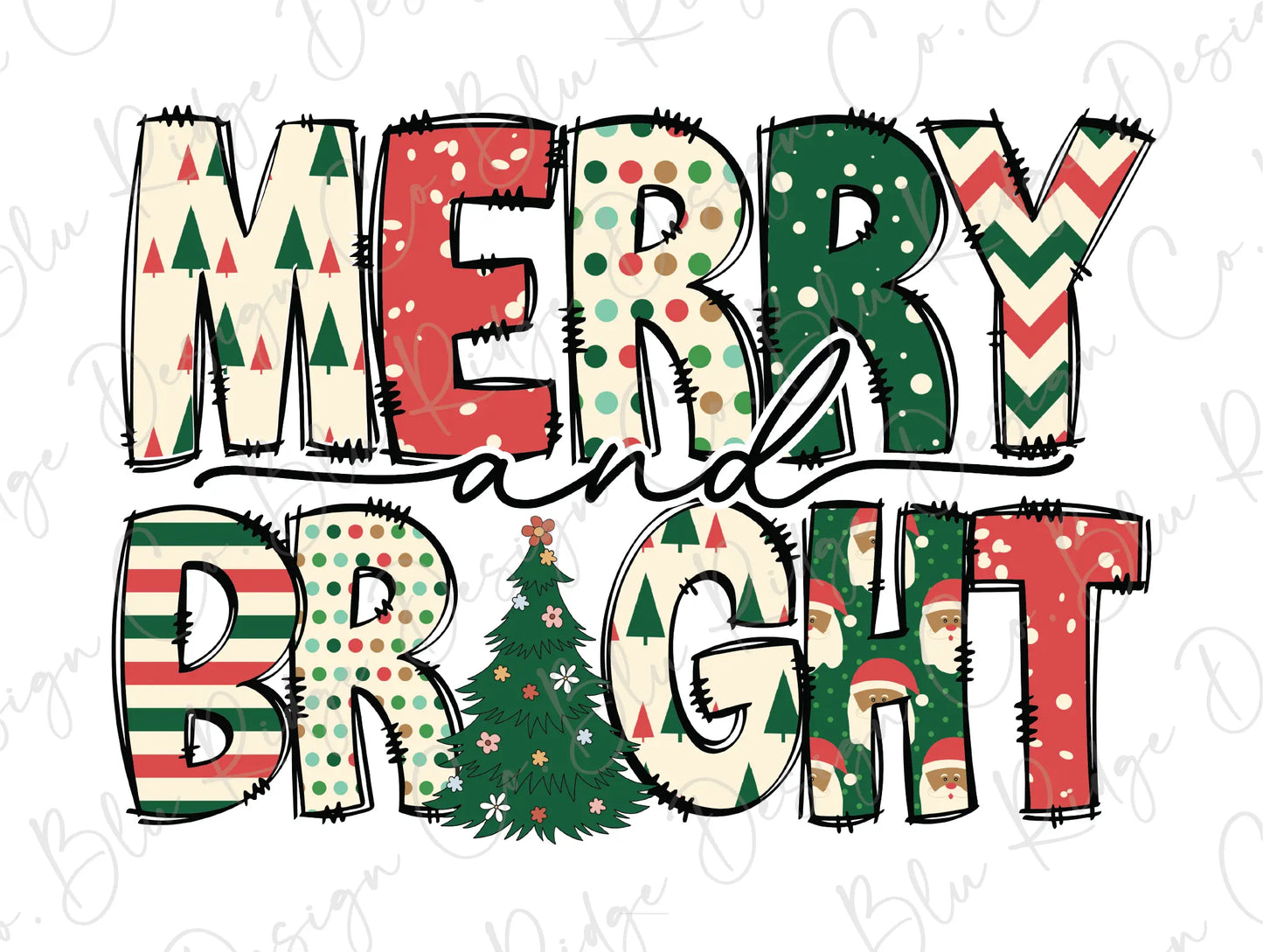 merry bright christmas lettering with a christmas tree