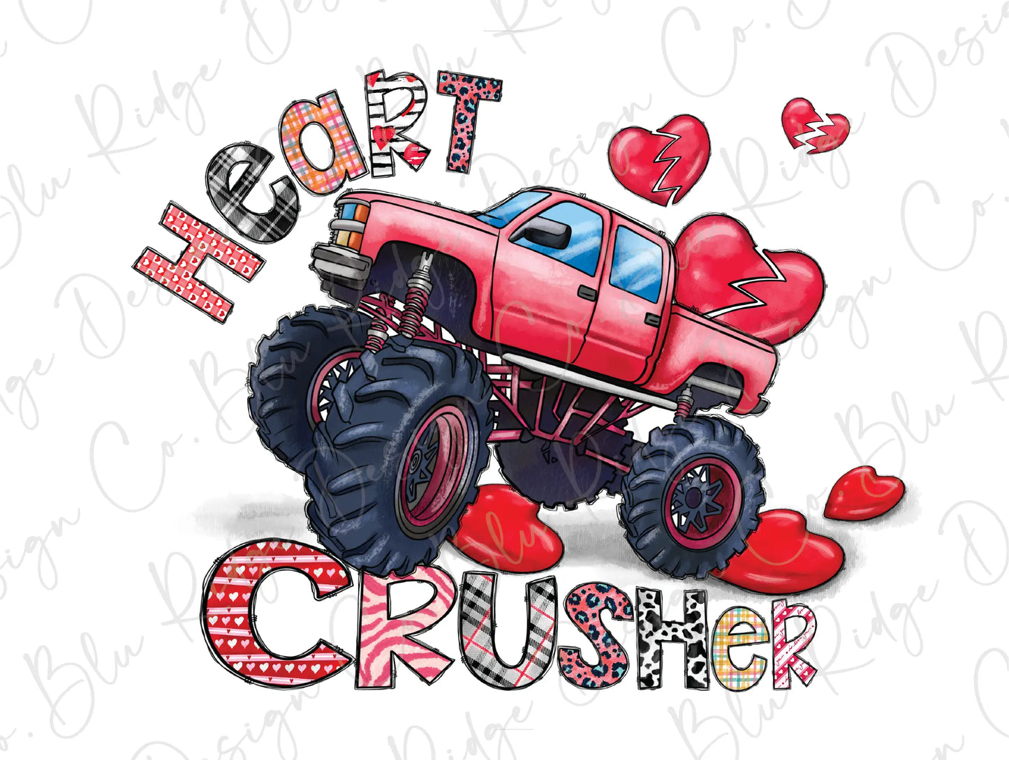 a red truck with hearts on it and the words crusher