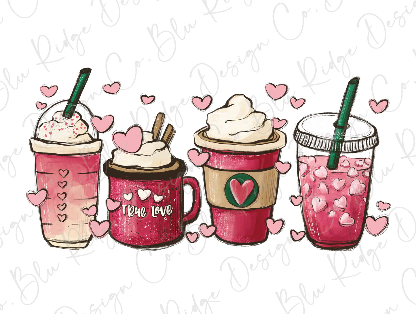 Valentines Day Coffee Pink Heart True Love Latte Direct To Film (DTF) Transfer BluRidgeDesignCo