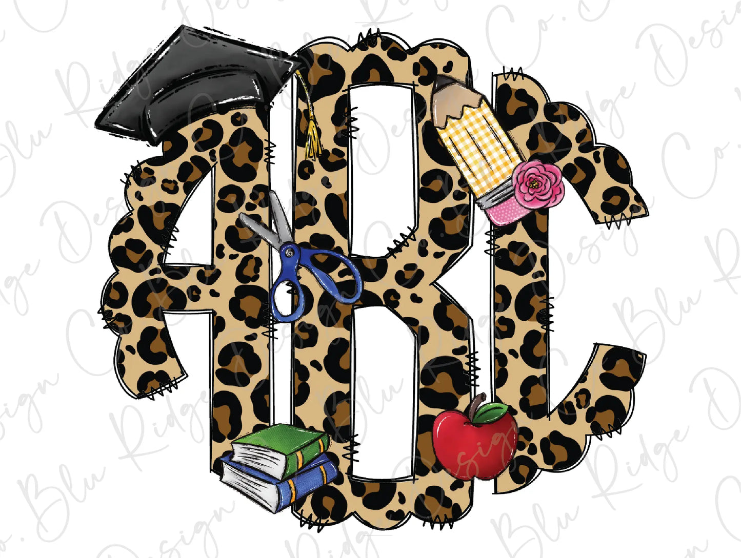 a leopard print with an apple, a book, and a mortar cap
