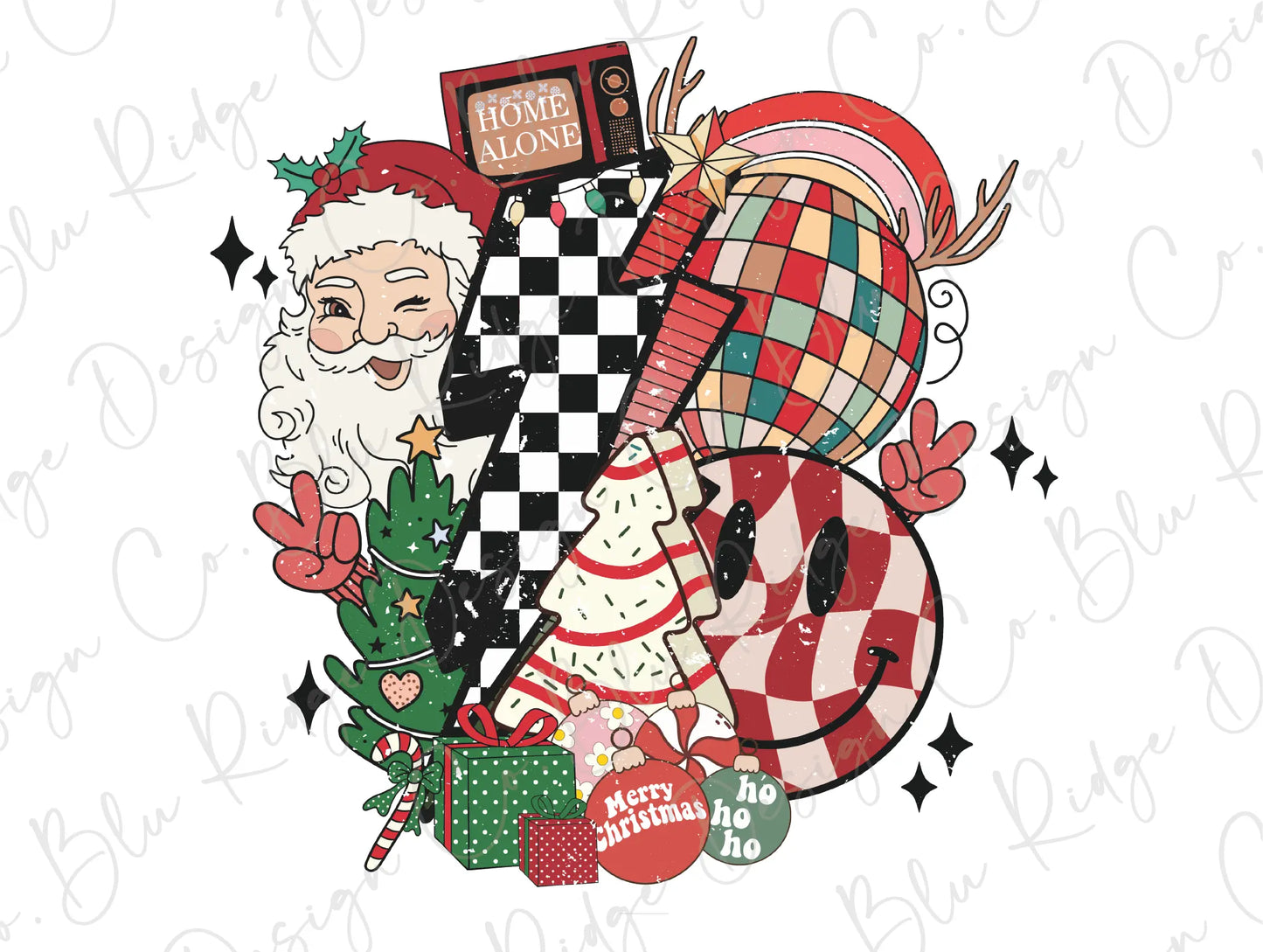 Joys of Christmas Santa, Snack Cake, Presents Retro Lightning Bolt Direct To Film (DTF) Transfer BluRidgeDesignCo