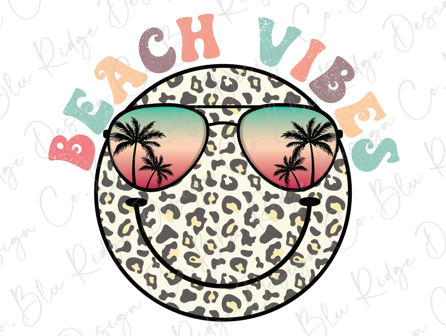Summer Beach Vibes Leopard Smiley Sunset Sunglasses Direct to Film (DTF) Transfer BluRidgeDesignCo