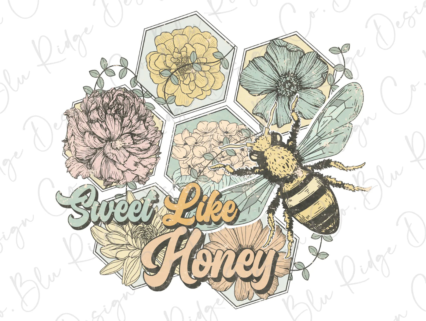 Sweet Like Honey Spring Honeybee Floral Honeycomb Design Direct to Film (DTF) Transfer BluRidgeDesignCo