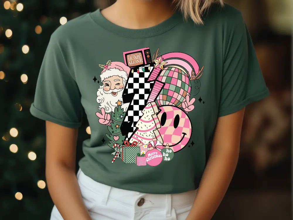Pink Joys of Christmas Santa, Snack Cake, Presents Retro Lightning Bolt Direct To Film (DTF) Transfer BluRidgeDesignCo