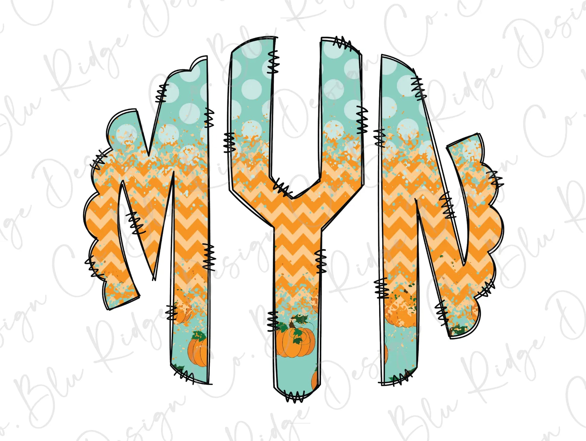 Fall Pumpkins with Polka Dot and Chevron Monogram Design Direct To Film (DTF) Transfer BluRidgeDesignCo