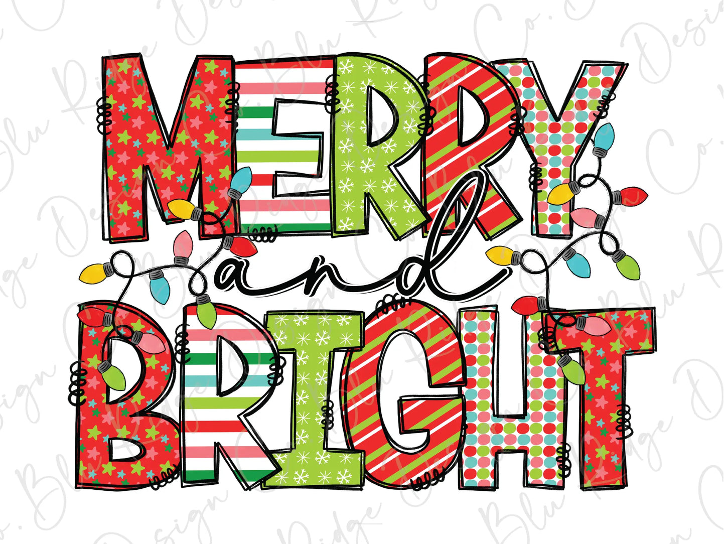 Merry and Bright Christmas Lights Direct To Film (DTF) Transfer BluRidgeDesignCo