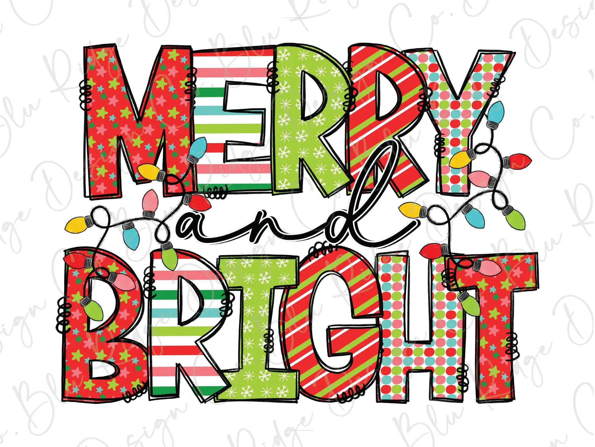 Merry and Bright Christmas Lights Direct To Film (DTF) Transfer BluRidgeDesignCo
