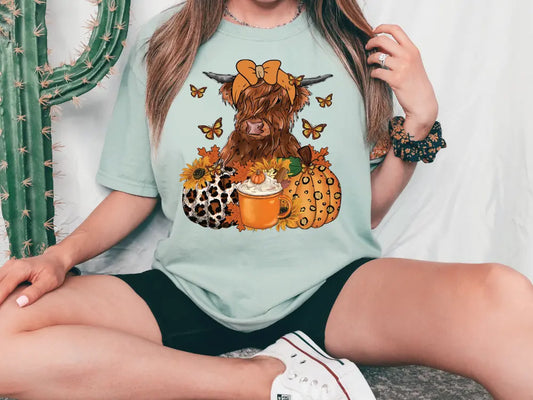 Fall Highland Cow Pumpkins and Latte Direct To Film (DTF) Transfers BluRidgeDesignCo