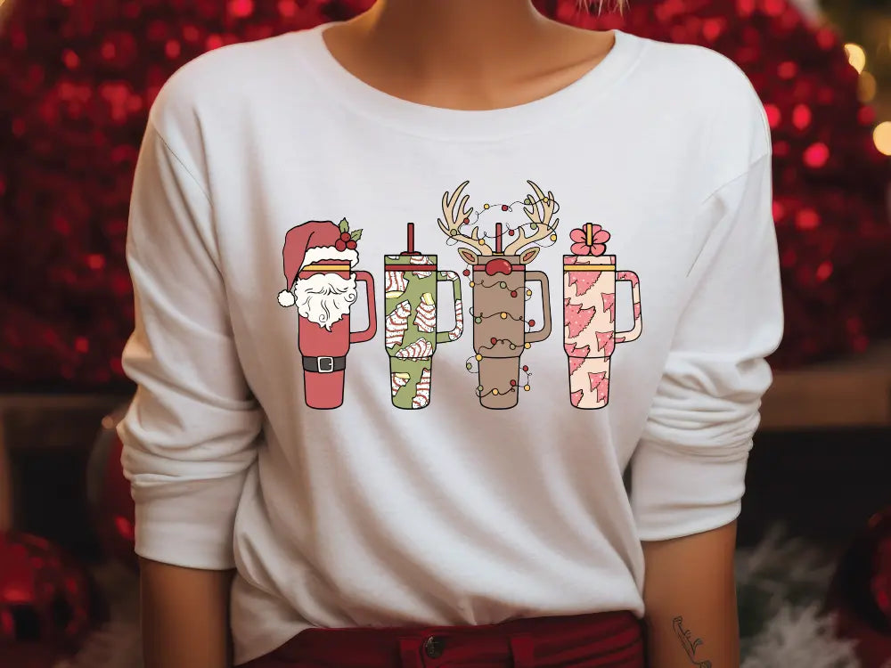 a woman wearing a white shirt with christmas decorations on it